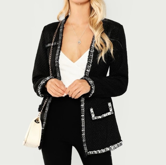 Fringe Trim Open Front Tweed Jacket - Picture 3 of 6